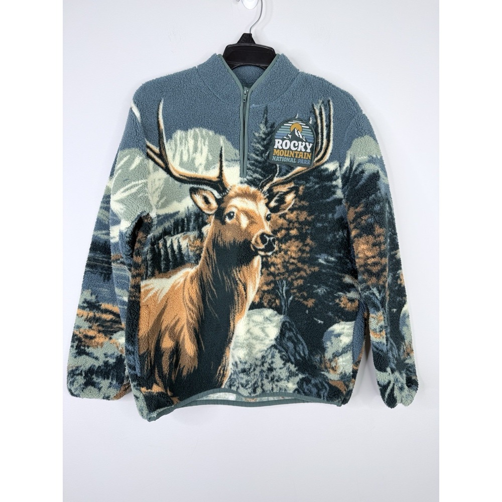 National Park Foundation Rocky Mountain Elk Sherpa Fleece 1/4 Zip Blue 14/16 L